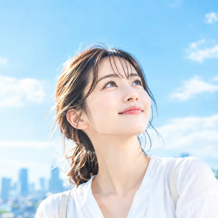 青空を見上げる女性。レンズナビは目の悩みに寄り添う情報とアイテムを紹介します